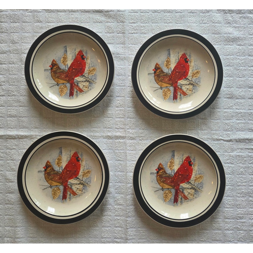 Folk Craft Cardinal Stoneware Pasta Bowls Set of 4 Scotty Z Winter Birds 8.25"